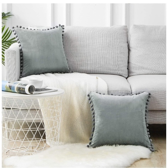 Trendy Light Grey Modern Cute Preppy Pompom Fringe Throw Pillow Cover Twin Set - Picture 2 of 16